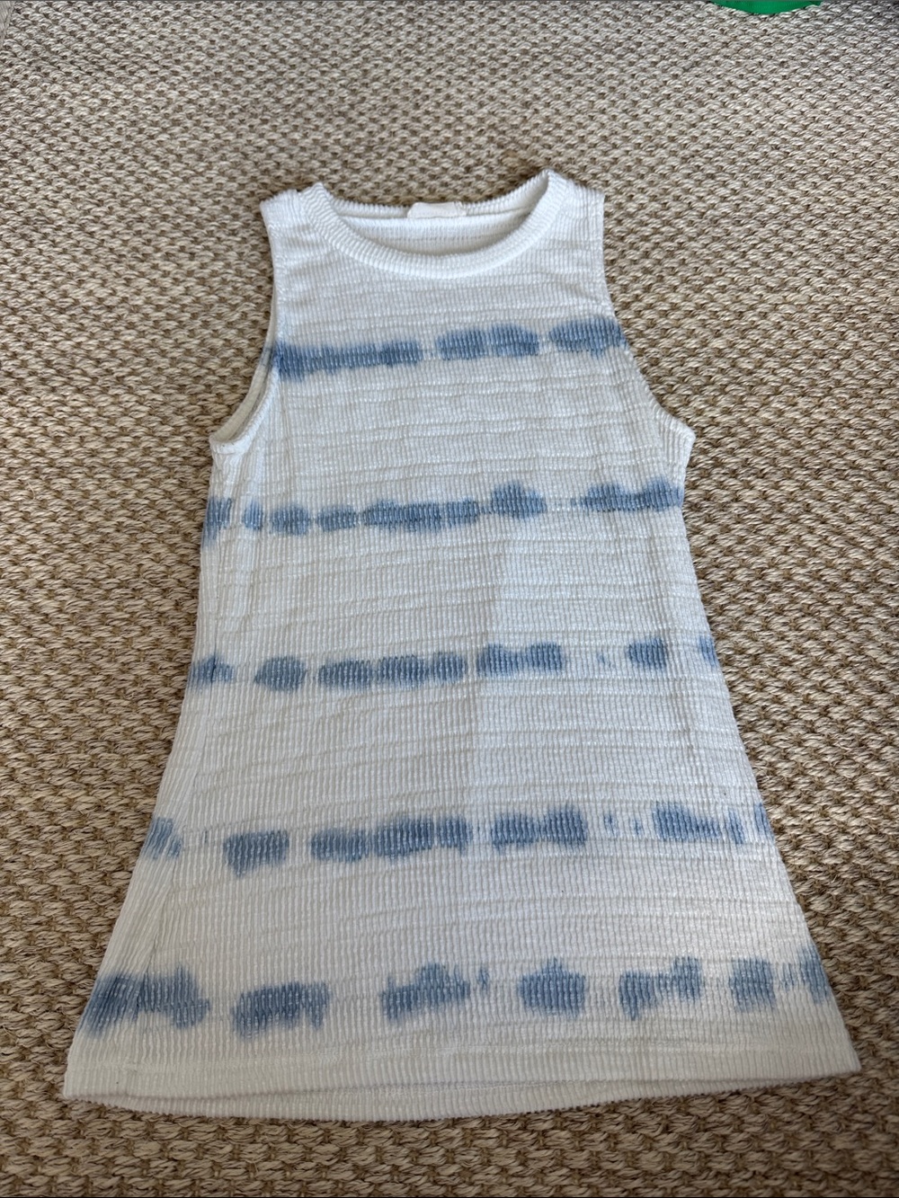 Sleeveless White Ribbed Tank with Blue Tie-Dye Stripes